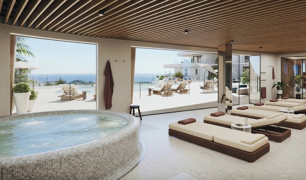 Wizualizacja: strefa spa z jacuzzi i leżakami